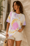 Kadın Pembe Lila Sarı Batik Desenli Oversize T-Shirt
