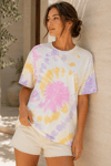 Kadın Pembe Lila Sarı Batik Desenli Oversize T-Shirt