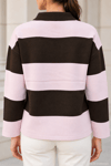 Kadın Polo Yaka Çizgili Oversize Triko Kazak - Pembe Pembe