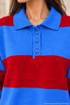 Kadın Polo Yaka Çizgili Oversize Triko Kazak - Mavi Mavi