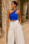 Kadın Saks Çapraz Halter Yaka Damla Detaylı Fitilli Crop Top