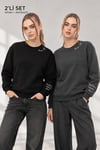 Kadın Siyah Antra 2’li Şardonlu Nakışlı Sweatshirt Seti