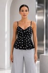 Kadın Siyah Beyaz Puantiyeli İnce Askılı Korse Formlu Peplum Bluz