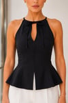 Kadın Siyah Halter Yaka Bağlama Detaylı Kolsuz Peplum Bluz