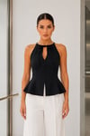 Kadın Siyah Halter Yaka Bağlama Detaylı Kolsuz Peplum Bluz
