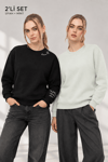Kadın Siyah Mint 2’li Şardonlu Nakışlı Sweatshirt Seti