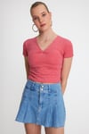 Kadın V Yaka Basic T-shirt Nar Çiçeği