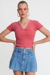 Kadın V Yaka Basic T-shirt Nar Çiçeği