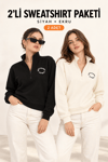 Kadın Yarım Fermuarlı Dik Yaka Baskılı Sweatshirt 2’li Paket Siyah / Ekru