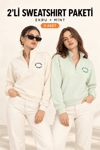 Kadın Yarım Fermuarlı Dik Yaka Baskılı Sweatshirt 2’li Paket Mİnt / Ekru