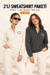 Kadın Yarım Fermuarlı Dik Yaka Baskılı Sweatshirt 2’li Paket Antra/Ekru