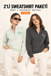 Kadın Yarım Fermuarlı Dik Yaka Baskılı Sweatshirt 2’li Paket Antra / Mint