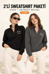 Kadın Yarım Fermuarlı Dik Yaka Baskılı Sweatshirt 2’li Paket Siyah/Antra
