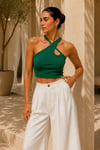 Kadın Yeşil Çapraz Halter Yaka Damla Detaylı Fitilli Crop Top