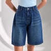 Kadın Yüksek Bel Bermuda Denim Şort Mavi