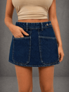 Kadın Yüksek Bel Denim Mini Etek Şort Çift Düğmeli Cep Detaylı Lacivert