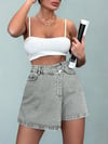 Kadın Yüksek Bel Şort Etek Denim Gri