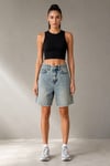 Kadın Yüksek Bel Vintage Yıkamalı Ham Paça Denim Bermuda Şort