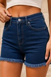 Kadın Yüksek Bel Yırtmaç Detaylı Püsküllü Mavi Denim Şort