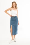 Kadın Yüksek Bel Yırtmaçlı Midi Boy Denim Etek Mavi
