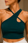 Kadın Zümrüt Yeşili Çapraz Halter Yaka Damla Detaylı Fitilli Crop Top