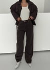 Kahve Bağlamalı Denim Takım Oversize Ceket ve Yüksek Bel Pantolon