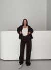Kahve Bağlamalı Denim Takım Oversize Ceket ve Yüksek Bel Pantolon