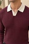 Kontrast Yaka Dokulu Erkek Triko Polo Kazak - Bordo Bordo