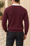 Kontrast Yaka Dokulu Erkek Triko Polo Kazak - Bordo Bordo