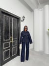 Lacivert Kuşaklı Denim Takım Oversize Ceket ve Yüksek Bel Pantolon