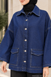 Oversize Cep Detaylı Tesettür Denim Ceket
