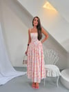Pembe Bloom Çiçek Desenli Korsajlı Askılı Maksi Elbise