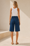 Vintage İndigo Yüksek Bel Geniş Paça Denim Bermuda Şort