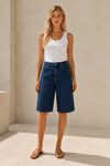 Vintage İndigo Yüksek Bel Geniş Paça Denim Bermuda Şort