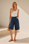 Vintage İndigo Yüksek Bel Geniş Paça Denim Bermuda Şort