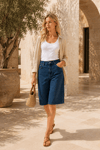Vintage İndigo Yüksek Bel Geniş Paça Denim Bermuda Şort
