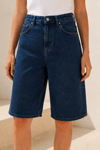 Vintage İndigo Yüksek Bel Geniş Paça Denim Bermuda Şort