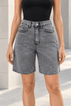 Yüksek Bel Acid Wash %100 Pamuk Denim Bermuda Şort Antrasit