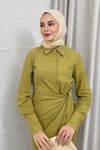 ELBİSEBAĞLAMALI KETEN ELBİSE 20019 YAĞ YEŞİLİ