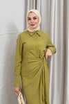 ELBİSEBAĞLAMALI KETEN ELBİSE 20019 YAĞ YEŞİLİ