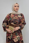 ELBİSEDesenli Kemerli Elbise 1081 Kahve