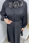 ELBİSEKaren Saten Gül Detaylı Elbise 6231 Siyah
