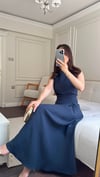 ELBİSEBüşceBÜZGÜ DETAYLI MİDİ ELBİSE LACİVERT