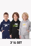 3'lü Kanguru Cepli Kapüşon Detaylı Baskılı Erkek Çocuk 3 Parça Sweatshirt