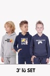 3'lü Kanguru Cepli Kapüşon Detaylı Baskılı Erkek Çocuk 3 Parça Sweatshirt