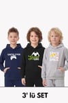 3'lü Kanguru Cepli Kapüşon Detaylı Baskılı Erkek Çocuk 3 Parça Sweatshirt