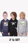 3'lü Kanguru Cepli Kapüşon Detaylı Baskılı Erkek Çocuk 3 Parça Sweatshirt
