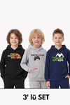 3'lü Kanguru Cepli Kapüşon Detaylı Baskılı Erkek Çocuk 3 Parça Sweatshirt