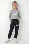 3'lü Yuvarlak Yaka Sweatshirt Siyah Eşofmanlı Baskı Detaylı 6 Parça Kız Çocuk Alt Üst Takım