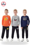 3'lü Yuvarlak Yaka Sweatshirt Siyah Eşofmanlı Baskı Detaylı 6 Parça Erkek Çocuk Alt Üst Takım